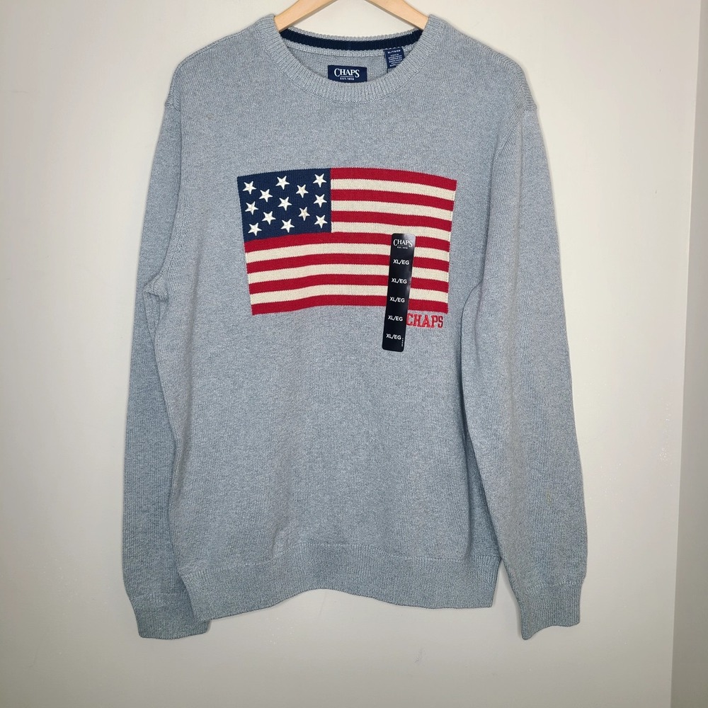 Chaps Crew Neck American Flag 100%‎ Cotton Pullover Patriotic Sweater Gray Sz XL